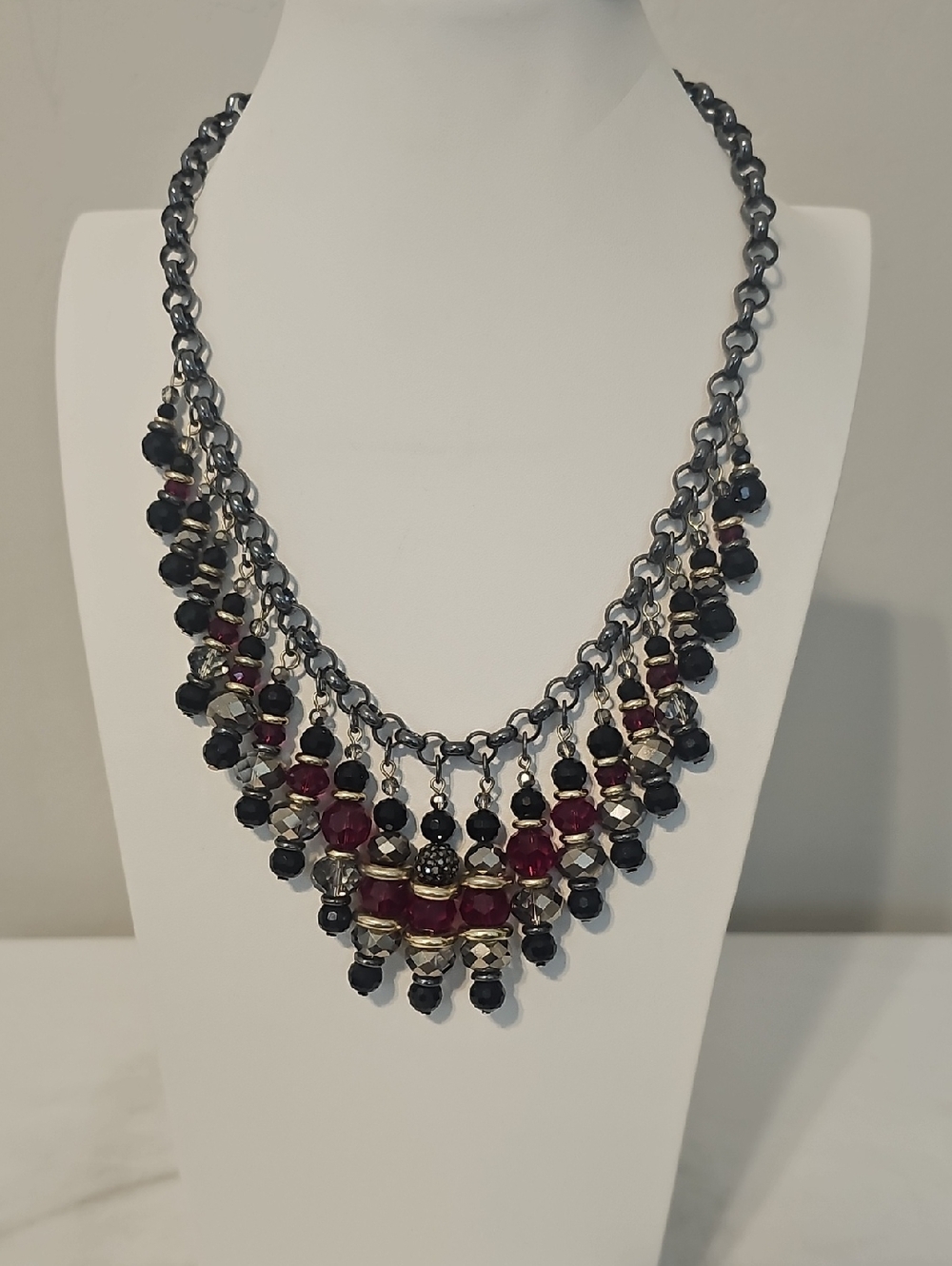 Chico's Statement Multi-Strand Beaded Necklace in Black and Deep Red